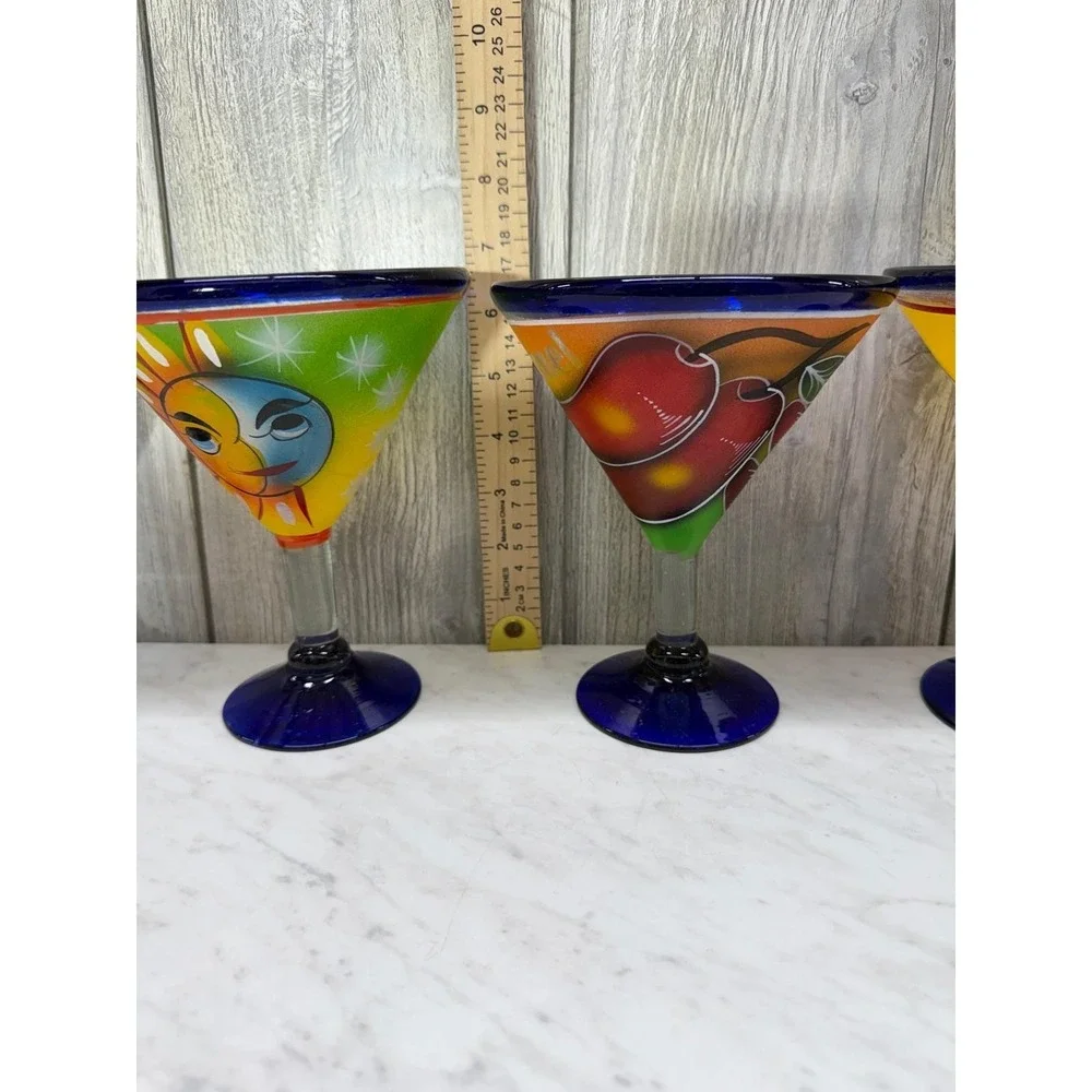 Set of 4 Hand Painted Mexican Martini Glasses Cozumel Cobalt Blue Rim 7in